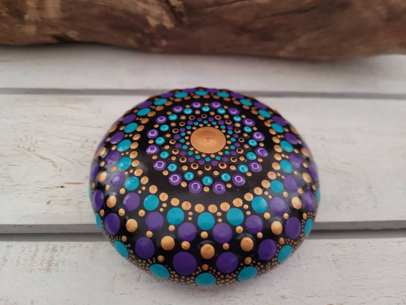 Mandala Stone. Turquoise, Purple and Gold. Hand Painted. 9cm round image 4