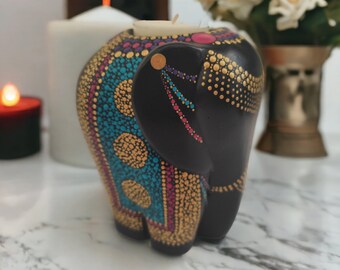 Pink, Purple and Cobalt Hand Painted Elephant Tealight Candle Holder 9cm x 13cm