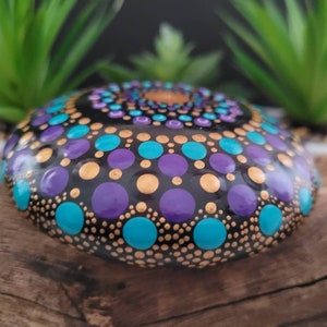 Mandala Stone. Turquoise, Purple and Gold. Hand Painted. 9cm round image 5