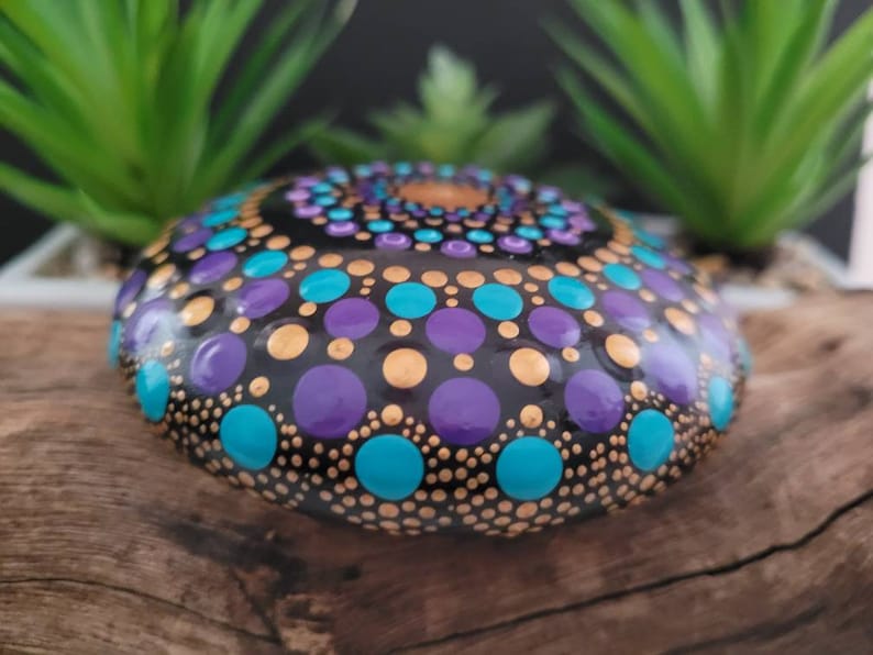Mandala Stone. Turquoise, Purple and Gold. Hand Painted. 9cm round image 5