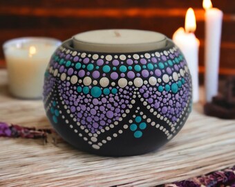 Pot Plant/ Candle Holder. Aqua and Purple.  Leaf Design. Hand Painted. 7cm Suits Spa Light candle.