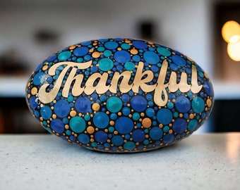 Positivity Stone. "Thankful" 8cm wide. Blue, Green and Gold