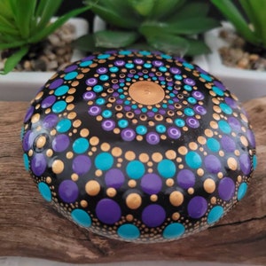 Mandala Stone. Turquoise, Purple and Gold. Hand Painted. 9cm round image 3