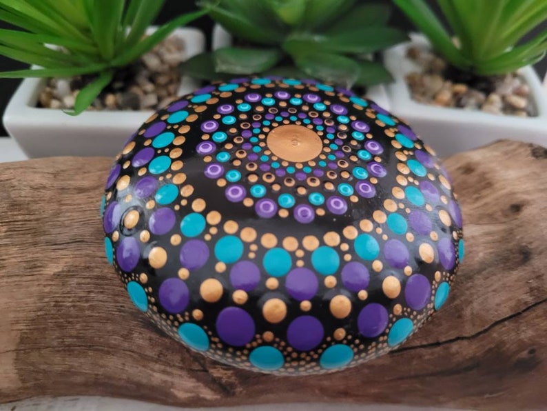 Mandala Stone. Turquoise, Purple and Gold. Hand Painted. 9cm round image 3