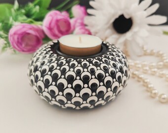 Black and White Hand Painted Tealight Candle Holder 10.5cm