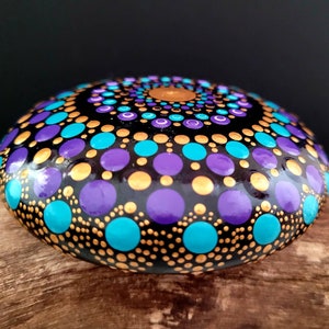 Mandala Stone. Turquoise, Purple and Gold. Hand Painted. 9cm round image 7
