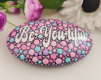 Inspirational Word Stone. "Be-You-Tiful. Positivity Stone  12cm wide. Purple, Pink and Blue