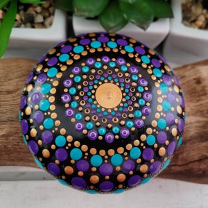 Mandala Stone. Turquoise, Purple and Gold. Hand Painted. 9cm round image 8