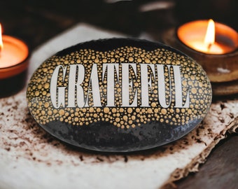 Positivity Stone. "Grateful". Black and Gold.Hand Made Stone  12cm wide.