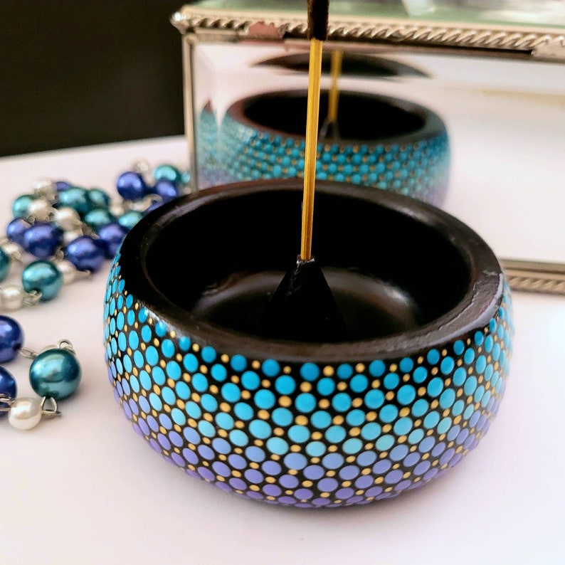 Incense Holder. Shaded Turquoise and Purple. Gold Detail, Hand Painted. image 2
