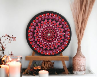 Red, Pink and White Mandala Hand Painted Art 19cm round.