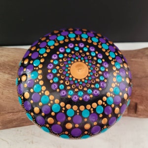 Mandala Stone. Turquoise, Purple and Gold. Hand Painted. 9cm round image 6