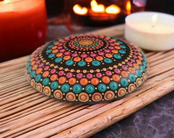 Mandala Stone. Pink Orange, Aqua and Gold. 14cm round. Hand painted. Artificial stone.