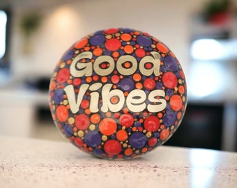 Positivity Stone Small. "Good Vibes" 5.5cm wide. Orange, Red and Purple. Handmade stone.