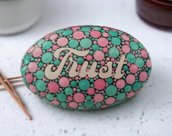 Positivity Stone. "Trust" 8cm wide. Pink and Green. Hand made stone.