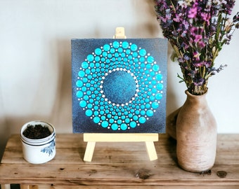 Mandala Blue, Aqua and  Metallic Pearl Paint  Hand Painted. 9.5cm