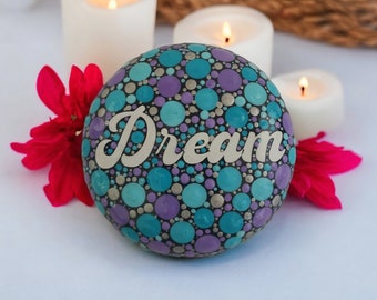 Positivity Stone Small. "Dream" 5.5cm wide. Pale Blue and Purple. Handmade stone.