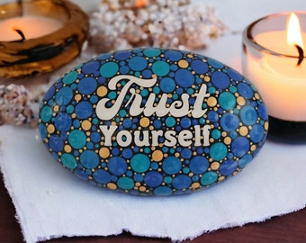 Positivity Stone. "Trust Yourself" 8cm wide. Blue and Cobalt. Handmade stone