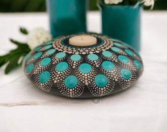 Extra Large Tealight Candle Holder. Turquoise, Grey and Silver. 16.5cm