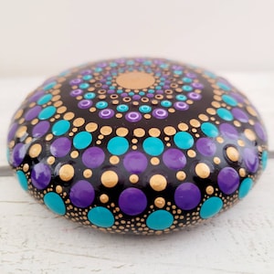 Mandala Stone. Turquoise, Purple and Gold. Hand Painted. 9cm round image 1