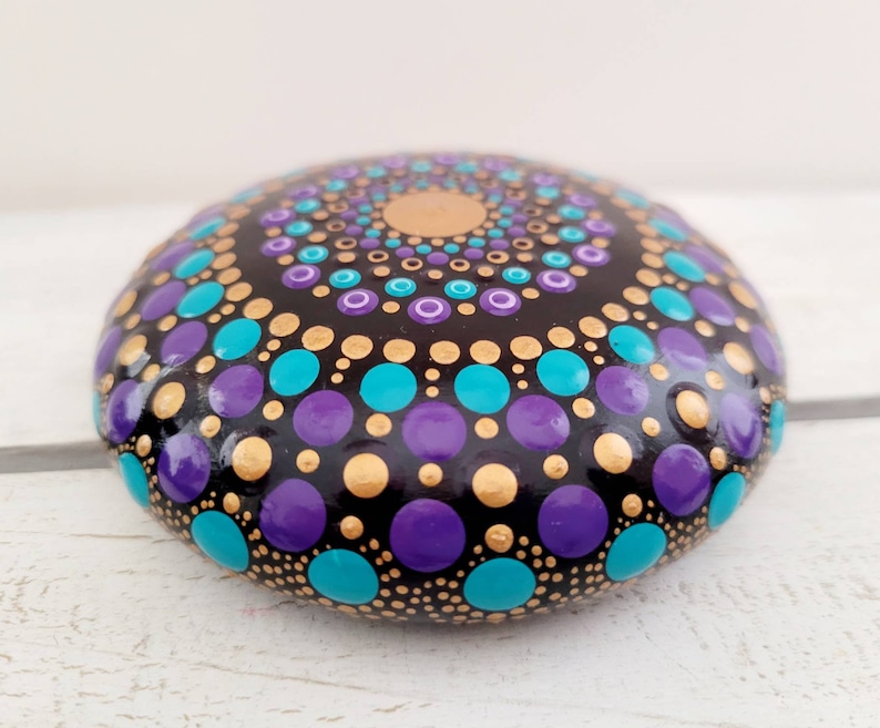 Mandala Stone. Turquoise, Purple and Gold. Hand Painted. 9cm round image 1