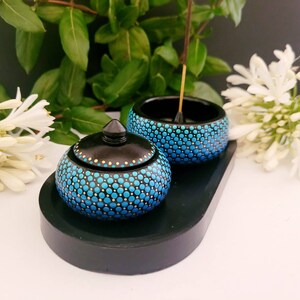 Incense Holder. Shaded Turquoise and Cobalt. Gold detail. Hand Painted image 4