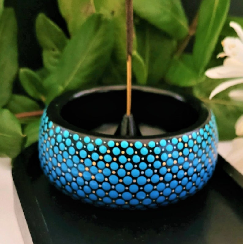 Incense Holder. Shaded Turquoise and Cobalt. Gold detail. Hand Painted image 2