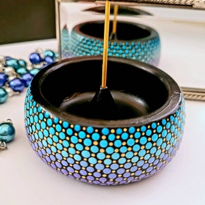 Incense Holder. Shaded Turquoise and Purple. Gold Detail, Hand Painted. image 5