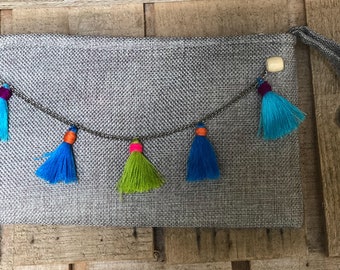 Gray linen bag wristlet