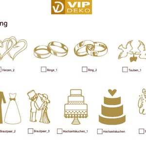 Puede incluir: Un conjunto de 12 im&aacute;genes de arte de clip dorado con tem&aacute;tica de boda. Las im&aacute;genes incluyen corazones, anillos, palomas, pastel de bodas, una novia y un novio, y copas de champ&aacute;n.