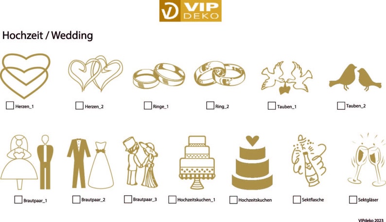 Puede incluir: Un conjunto de 12 im&aacute;genes de arte de clip dorado con tem&aacute;tica de boda. Las im&aacute;genes incluyen corazones, anillos, palomas, pastel de bodas, una novia y un novio, y copas de champ&aacute;n.