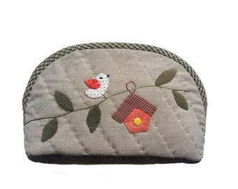 Quilted Cosmetic bag, Handmade makeup bag with Birdhouse Design Applique ,Toiletry patchwork zipper pouch