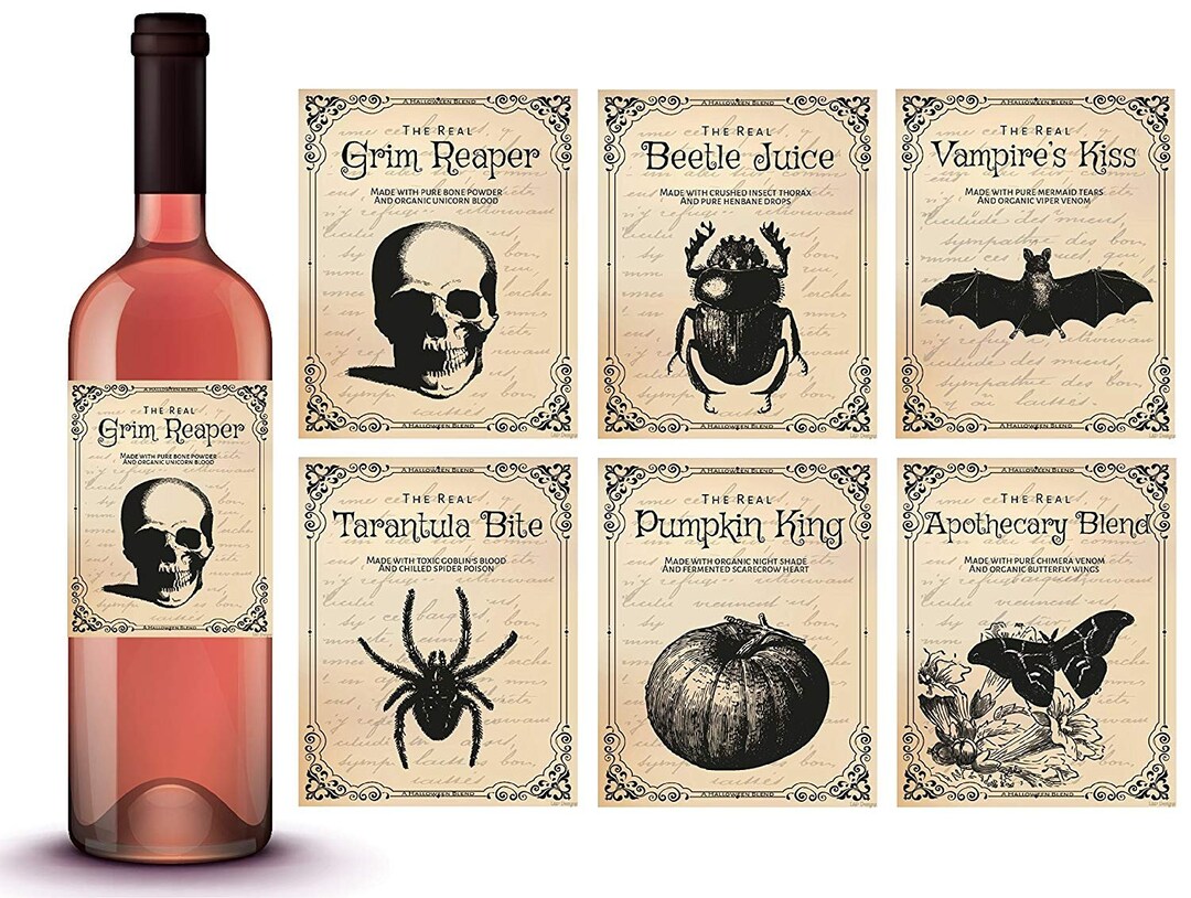 Vintage Halloween Decorations | 6 Wine Bottle Stickers | Scary ...