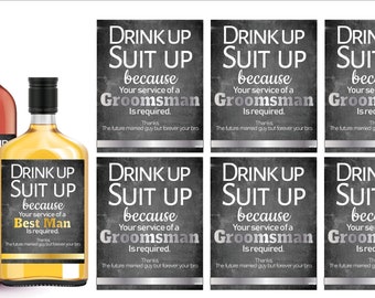 Suit Up Groomsmen Proposal Gold and Silver Foil Stamped Bottle Stickers - 1 Best Man Label and 6 Groomsmen Labels, Groomsman Proposal Gifts