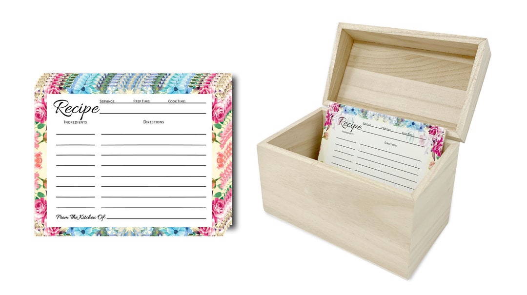 Recipe Box With Cards (50 Count Floral Recipe Cards), Recipe Card Box ...