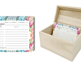 Recipe Box with Cards (50 Count Floral Recipe Cards), Recipe Card Box, Recipe Tin, Recipe Boxes, Recipe Cards 4x6 Inches, Wooden Recipe Box