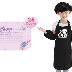Kids Kitchen Apron Set with Unicorn Rainbow Recipe Cards Set, Kids Aprons for Girls and Boys, Aprons for Kids, Kids Chef Hat and Apron