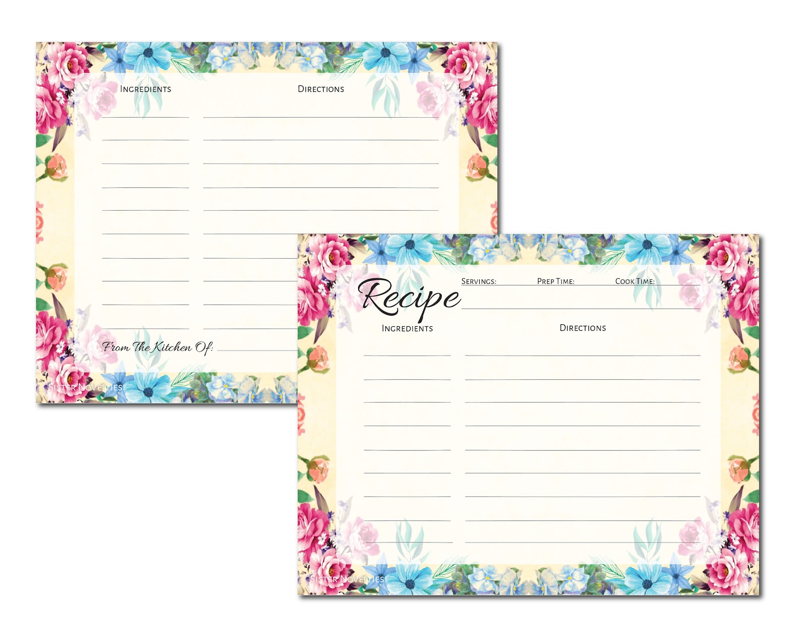 Pioneer Woman Style Floral Recipe Cards 4.25 X 5.5 DOUBLE SIDED, Flower