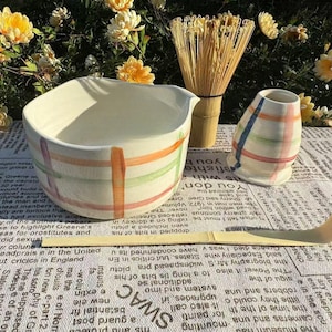 Colorful line matcha bowl, Minimalist matcha bowl set, 500ml personalized custom matcha bowl, Matcha enthusiast&#39;s gift, Christmas gift