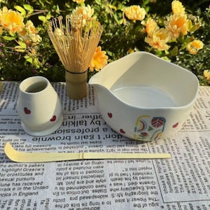 Handmade ceramic matcha bowl set with bamboo mixer and base, Elegant matcha ceremony set 500ml, Customizable matcha bowl