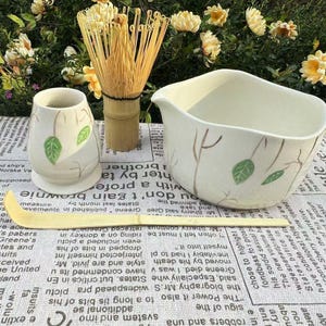 Leaf Matcha Bowl, Handmade Painted Matcha Bowl Set, 500ml Personalized Customized Matcha Bowl, Gift for Matcha Enthusiasts, Christmas Gift