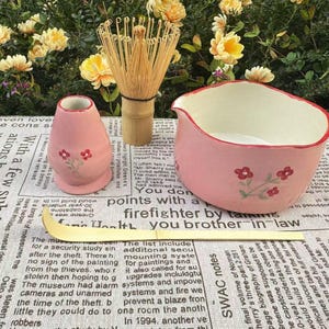 Pink flower matcha bowl, Handmade custom personalized matcha bowl, Matcha bowl set, 500ml matcha bowl, Christmas custom gift