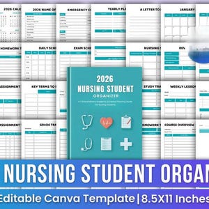Op de afbeelding: Een teal en witte 2026 Nursing Student Organizer met diverse planningspagina's. De omslag bevat medische symbolen. De organizer bevat kalenders en dagplanners. De sjabloon is 21,59 cm x 27,94 cm groot.