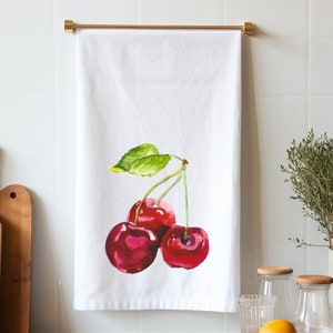 Cherry Print Tea Towel, Watercolor Kitchen Towel, Fruit Dish Towel, Kitchen Linen, Culinary Gift, Cherry Kitchen Decor