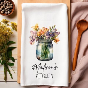 Custom Primrose Flowers Jar Tea Towel: Personalized Kitchen Decor