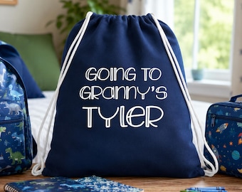 Personalized Sleepover Bag for Boys, Custom Overnight Bag, Going to Grandma’s Bag, Kids Drawstring Backpack, Boys Pajama Bag, Travel Bag