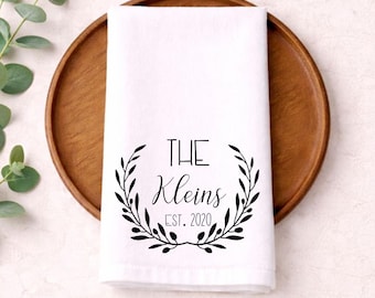 Custom Last Name Flour Sack Tea Towel, Personalized Wedding Gift, Housewarming Gift