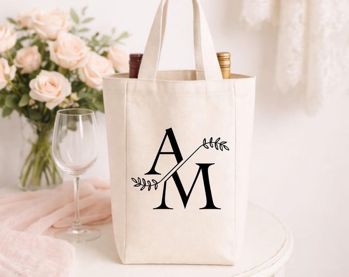Personalized Wine Bottle tote, Double and Single, Wedding Gift, Wine Lover Gift, Custom Bottle Carrier Tote, Canvas Tote Bag with Divider