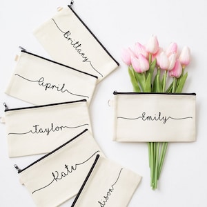 Personalized Makeup Bag with Scroll Name - Custom Cotton Cosmetic Pouch - Choose Color & Text - Gift for Her, Bridesmaid Gift, Custom Pouch