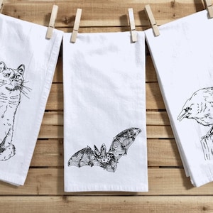 Gothic Style Animal Kitchen Towel, Flour Sack Tea Towel, Halloween, Kitchen Towel, Black Cat, Bat, Raven, Dish Towel, Horror Decor, Macabre